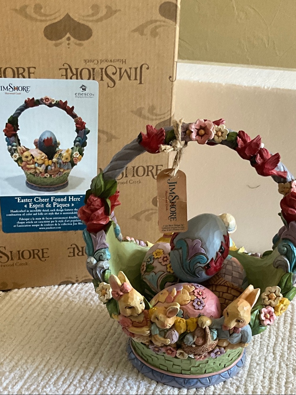 Jim Shore Easter Basket Figurine - Pastel Green, Pink, Blue, Yellow
